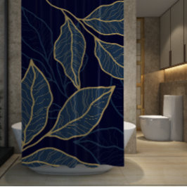 Cortina Para Box Folha marinho Azul Elegante Luxuriosa Dourada