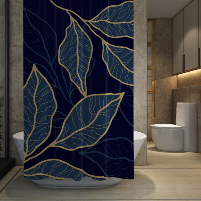 Cortina Para Box Folha marinho Azul Elegante Luxuriosa Dourada (Navy Blue Elegant Luxurious Gold Leaf Shower Curtain)