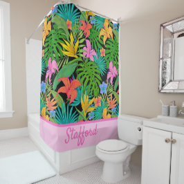 Cortina Para Box Folhagem tropical e flores coloridas com nome adic