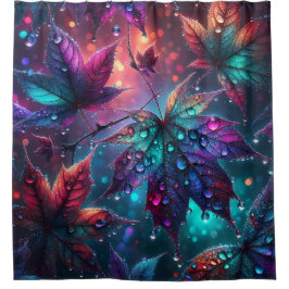 Cortina Para Box "Folhas coloridas com gotas de chuva"