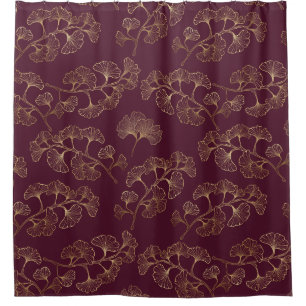 Cortina Para Box Folhas de Ginkgo Douradas Luxuosas em Burgundy Pro