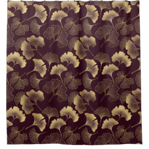 Cortina Para Box Folhas de Ginkgo Douradas Luxuosas em Burgundy Pro