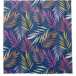 Cortina Para Box Folhas de Palmeira Tropical Coral Rosa Azul 