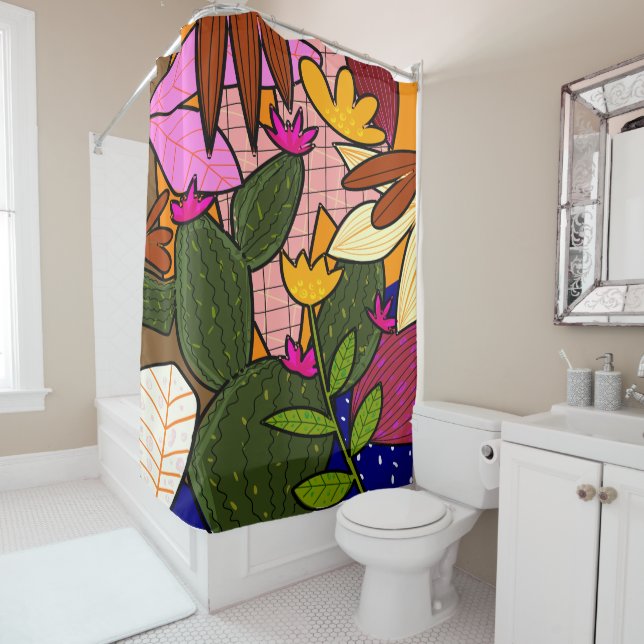 Cortina Para Box Folhas e flores abstrato tropicais (In Situ)