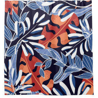 Cortina Para Box Folhas tropicais coloridas com fundo azul