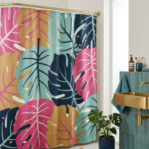 Cortina Para Box Folhas Tropicais de Palmeira em Rosa e Azul   Botâ