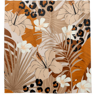 Cortina Para Box Folhas tropicais de pele-leopardo flores de hibisc