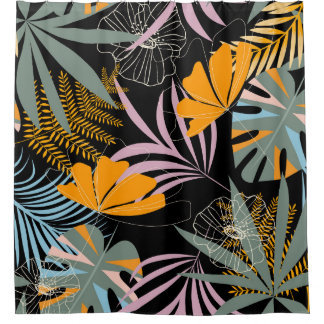 Cortina Para Box Folhas Tropicais: Impressão de Vintage Escuro.