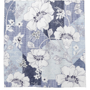 Cortina Para Box Folheto de flores de Denim, padrão perfeito.