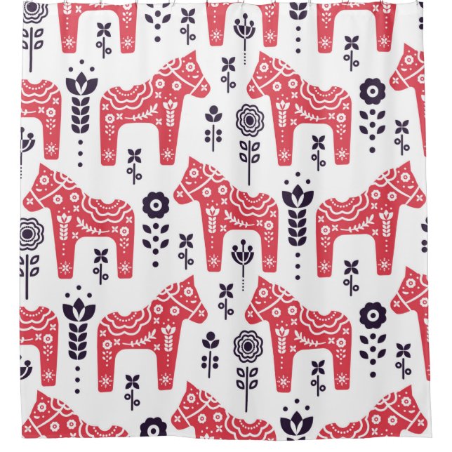 Cortina Para Box Folk swedish horse floral seamless pattern.  (Frente)