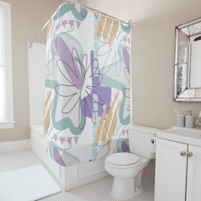 Cortina Para Box Formas geométricas e flores em branco. (In Situ)