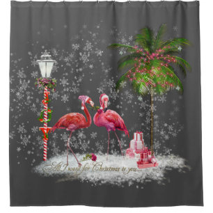 Cortina Para Box Frase de Natal Com Casal de Flamingos