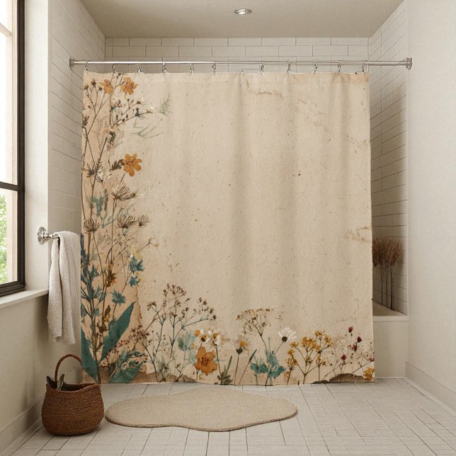 Cortina Para Box Fronteira Bege Rústico Boho Flor Silvestre (Beige Border Rustic Boho Wildflower Shower Curtain)