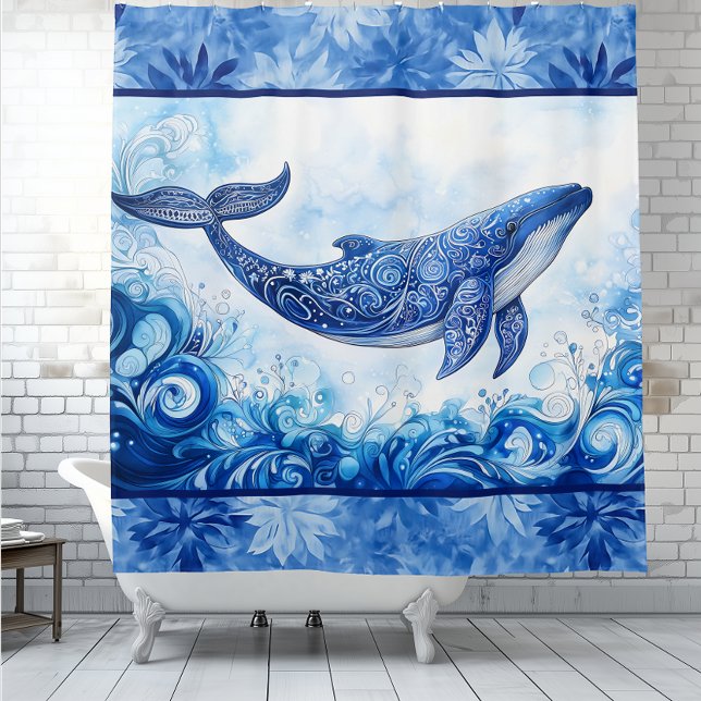 Cortina Para Box Frost Azul Espírito Oceânico (Ocean Spirit Blue Frost shower curtain featuring a blue whale illustration.  Wildlife, nature)