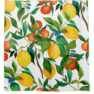 Cortina Para Box Frutas de citros, padrão de aquarela vibrante.