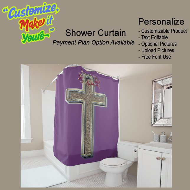 Cortina Para Box Fundo da Cortina de chá Roxo (Cross Biblical Shower Curtain Featuring a Purple Background.)