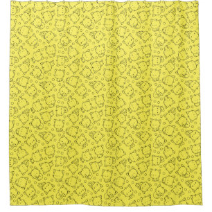 Cortina Para Box Gatinhos e bolinhas em preto e amarelo