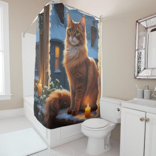Cortina Para Box Gato Abissínio com Luzes de Natal Feriado (In Situ)