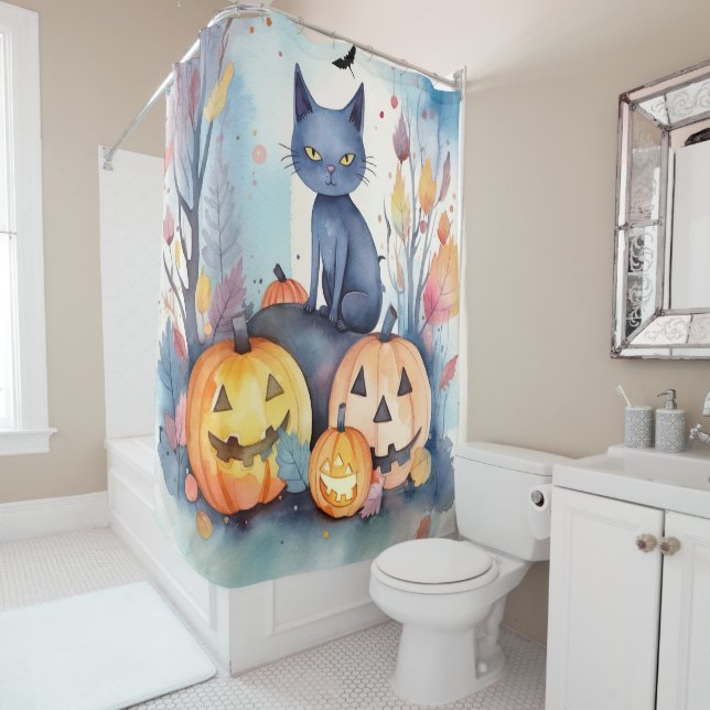 Cortina Para Box Gato Azul Oriental Halloween Com Pumpkins Assustad (In Situ)