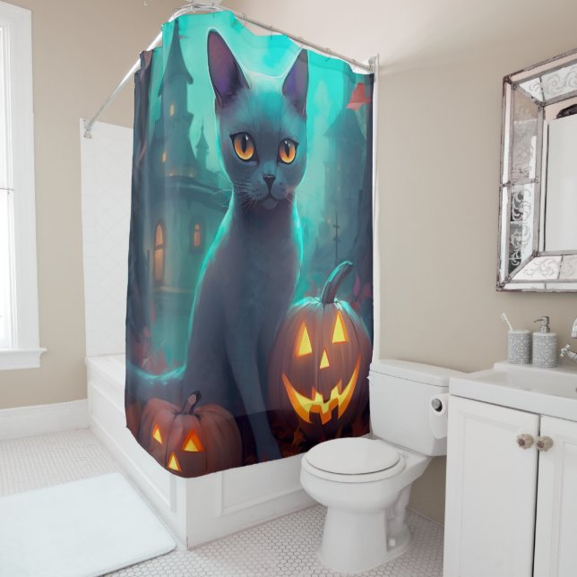 Cortina Para Box Gato Azul Russo Halloween Com Pumpkins Assustado (In Situ)