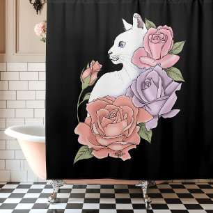 Cortina Para Box Gato Branco Floral Pastel Botânico Romântico Preto