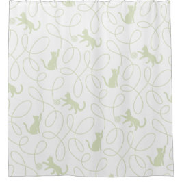 Cortina Para Box Gato Divertido e Padrão de Bola de Lã Verde Sage C