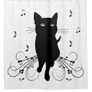 Cortina Para Box Gato Preto Rodeado por Notas Musicais Sussurrantes