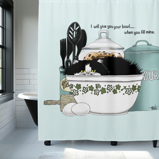 Cortina Para Box Gato Tuxedo Sassy Tigela Vintage Aqua Cozinha Retr (Criador carregado)