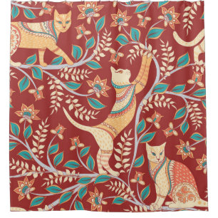 Cortina Para Box Gatos com ornamentos, ramos com flores e folhas