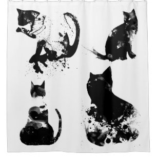 Cortina Para Box Gatos De Aquarela, Gato Preto, Mínimo, Preto E Br