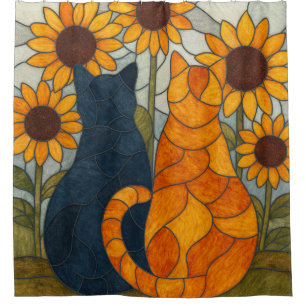 Cortina Para Box Gatos de Vidro Colorido e Design de Arte de Girass