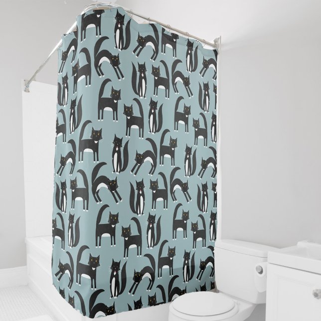 Cortina Para Box Gatos Pretos e Brancos (Black and white Tuxedo Cat pattern shower curtain on a teal blue green background)