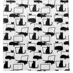 Cortina Para Box Gatos Pretos Sentados no Padrão de Laptop
