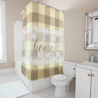Cortina Para Box Gingham Beige Standard White Lace home script