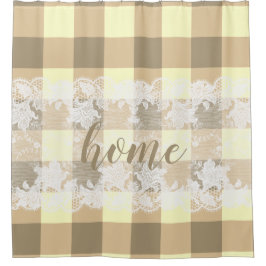 Cortina Para Box Gingham Beige Standard White Lace home script
