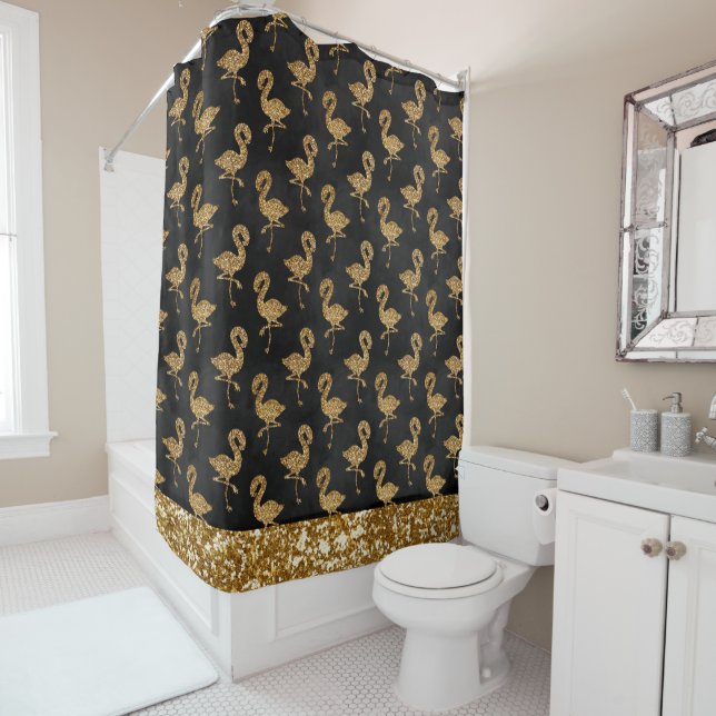 Cortina Para Box Glitter Dourado Elegante Flamingo Pattern Sparkle  (In Situ)