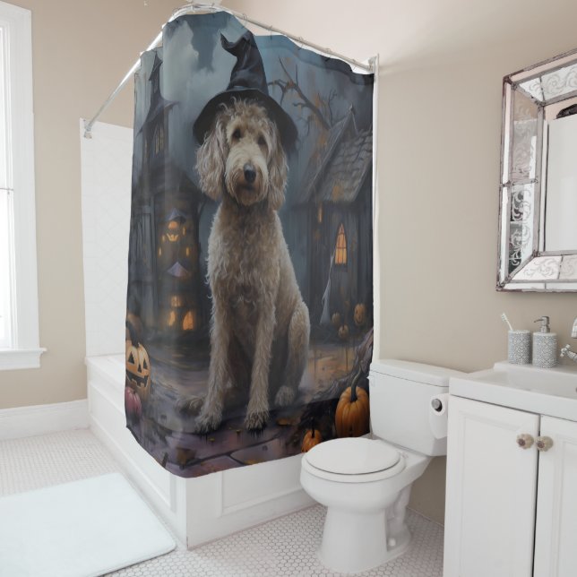 Cortina Para Box Goldendoodle Pumpkins Halloween Assustado (In Situ)