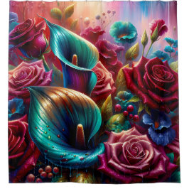 Cortina Para Box "Gotas de chuva em Rosas e Lírios Calla"