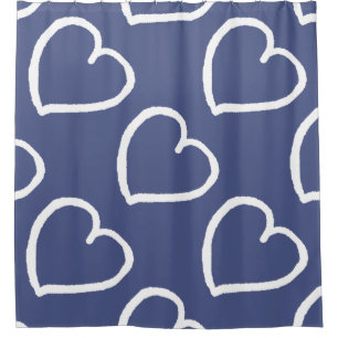 Cortina Para Box Grande padrão de corações branco em azul escuro