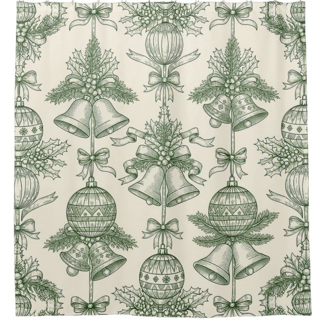 Cortina Para Box Green Toile Christmas Bells & Ornaments Pattern (Frente)