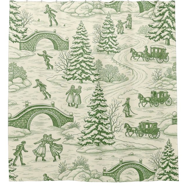 Cortina Para Box Green Toile Christmas Sleigh Ride Pattern (4) (Frente)