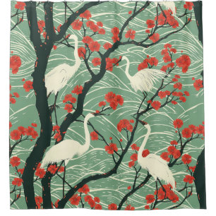 Cortina Para Box Grua Japonesa e Flor de Cerejeira - Arte Oriental