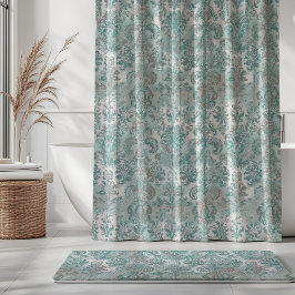 Cortina Para Box Grunge Damask Aqua Verde-Mint Rosa Corado