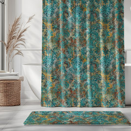 Cortina Para Box Grunge Damask Aqua Viridian Mostarda Terracota