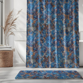 Cortina Para Box Grunge Damask Azul Cobalto Ferrugem Laranja