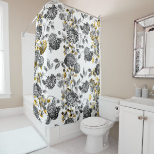 Cortina Para Box Guarnição floral Dourado floral branca preta de