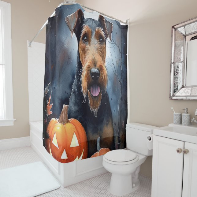 Cortina Para Box Halloween Airedale Com Pumpkins Assustado (In Situ)