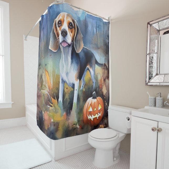 Cortina Para Box Halloween Beagle Com Pumpkins Assustado (In Situ)