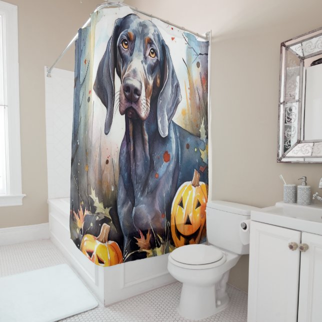 Cortina Para Box Halloween Bluetick Coonhound Com Pumpkins Assustad (In Situ)