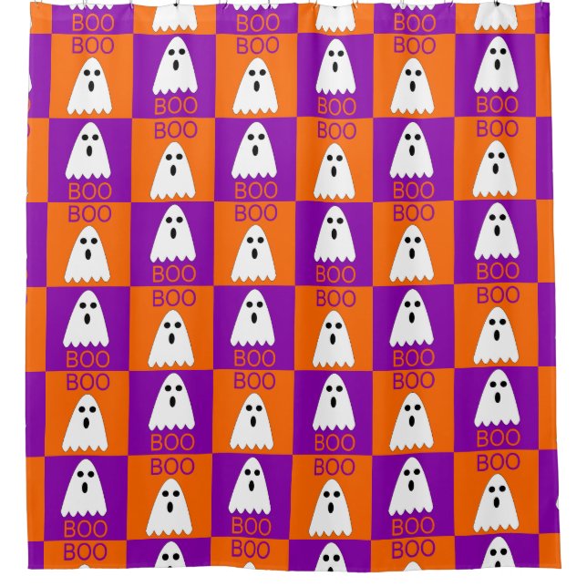 Cortina Para Box Halloween Boo Ghost Roxo e Praças de laranja (Frente)